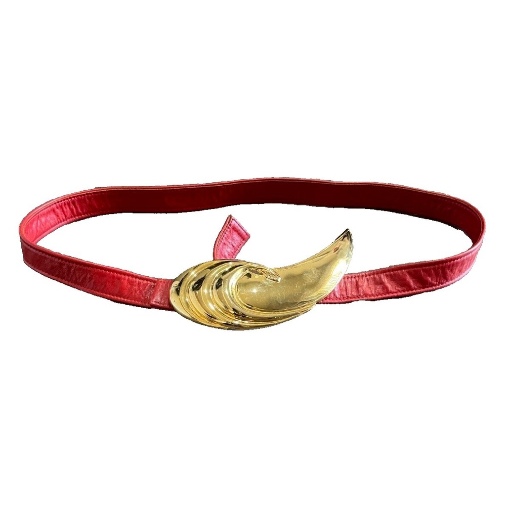 Vintage Alexis Kirk Red Adjustable Belt Gold Shell Shape Buckle 35"